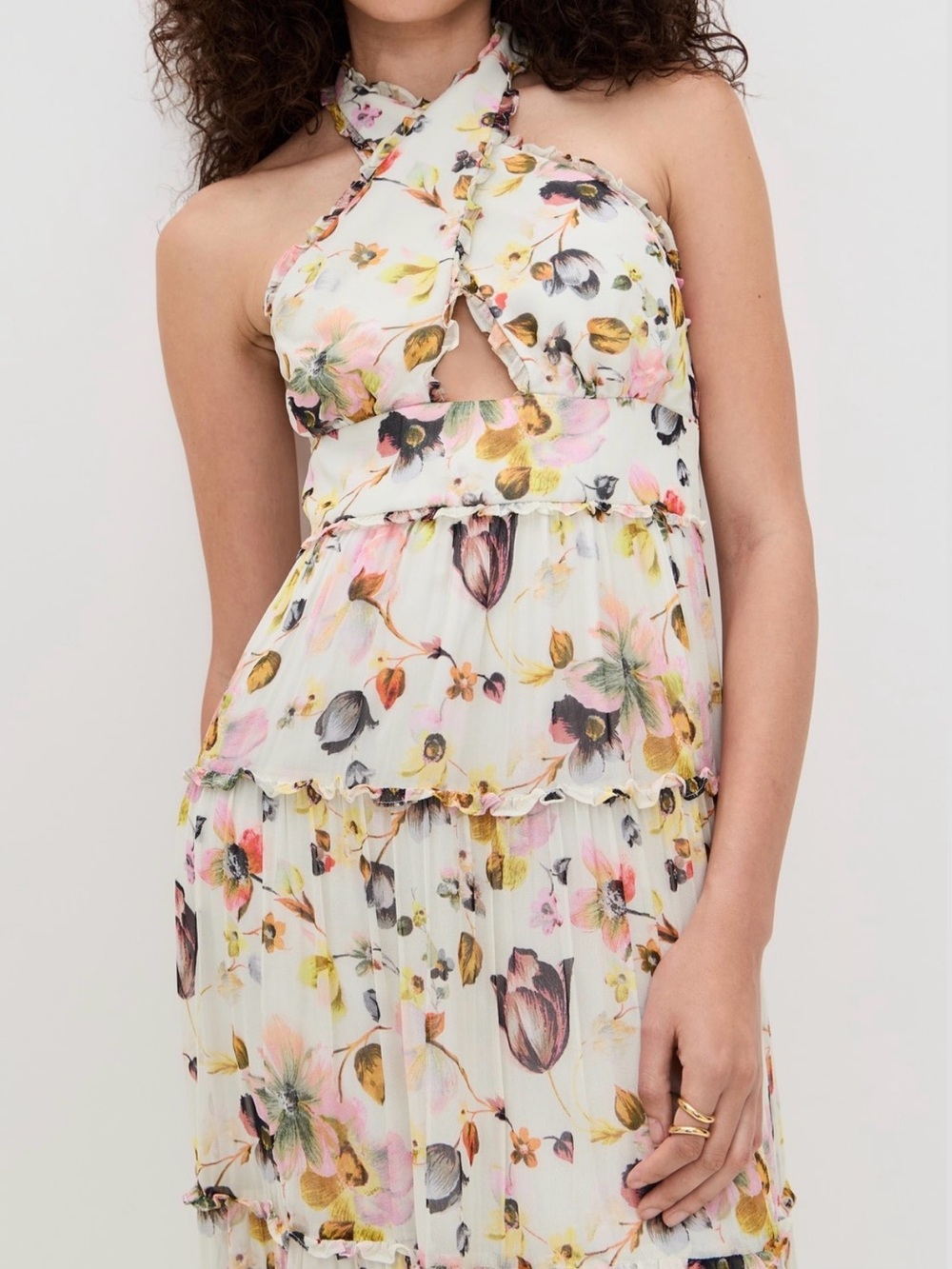Amanda Uprichard White Floral Halter Tiered Dress